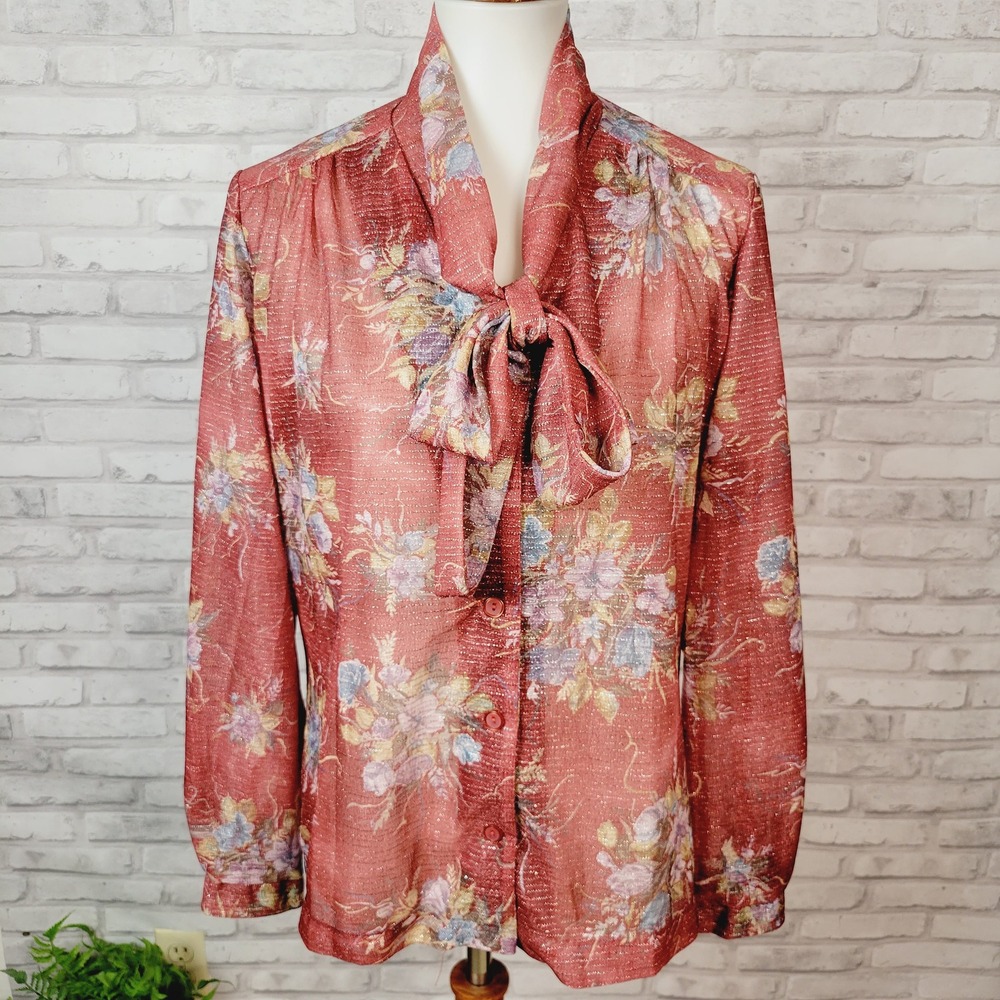 1970s Vtg Secretary Bow Blouse Sz 14 Prince‎ of Dallas Sheer Floral Feminine